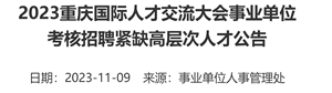 2023重庆国际人才交流大会事业单位考核招聘紧缺高层次人才公告